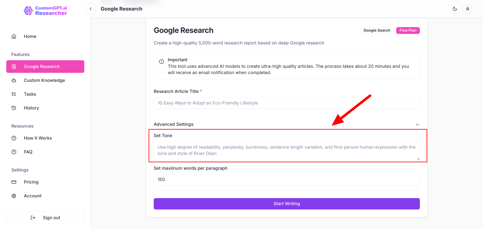 CustomGPT.ai Research Set Tone